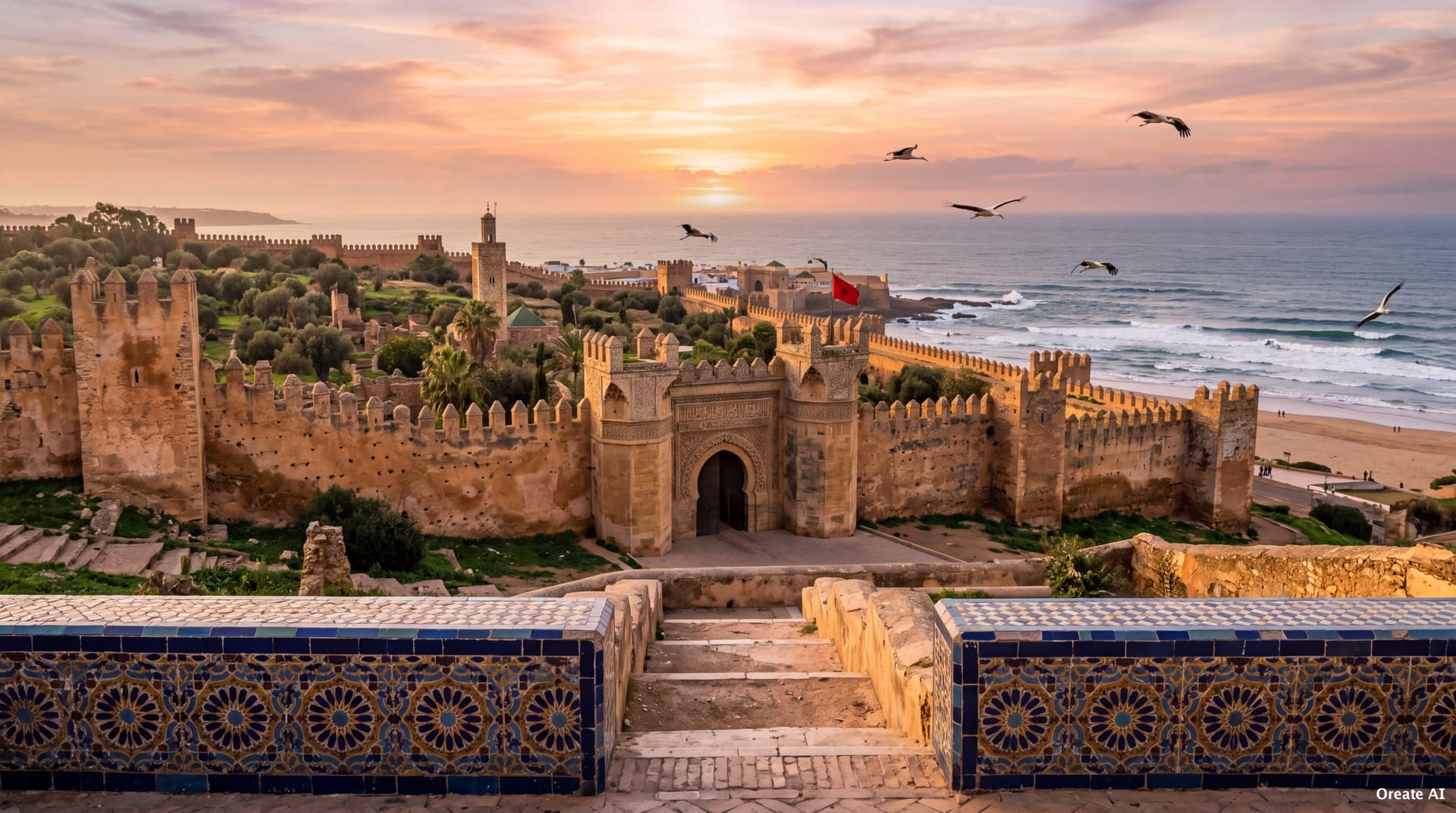Rabat — Le Chellah, zellige marocain et l'océan Atlantique